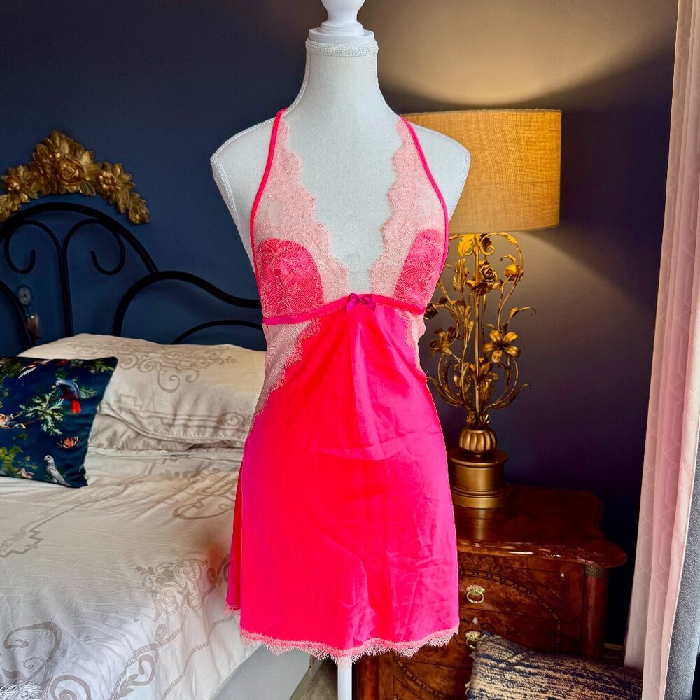 Victoria's Secret Hot Pink Lace Short Halter Nightie Negligee Slip